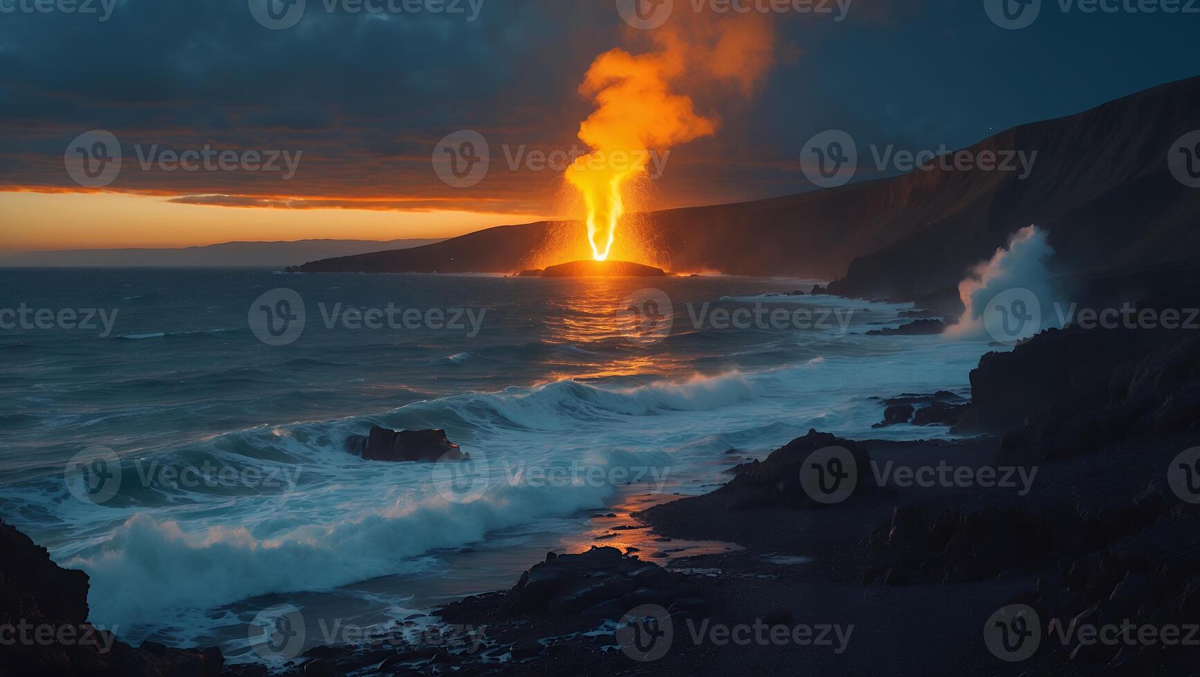 Volcanic Eruption Over Ocean Waves at Sunset Coastline photo