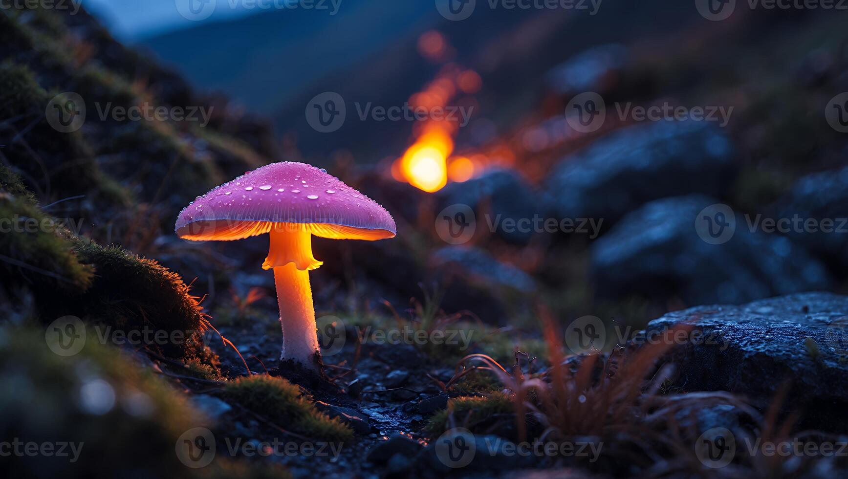 Pink Mushroom Glows in Dark Mountain Scenery photo
