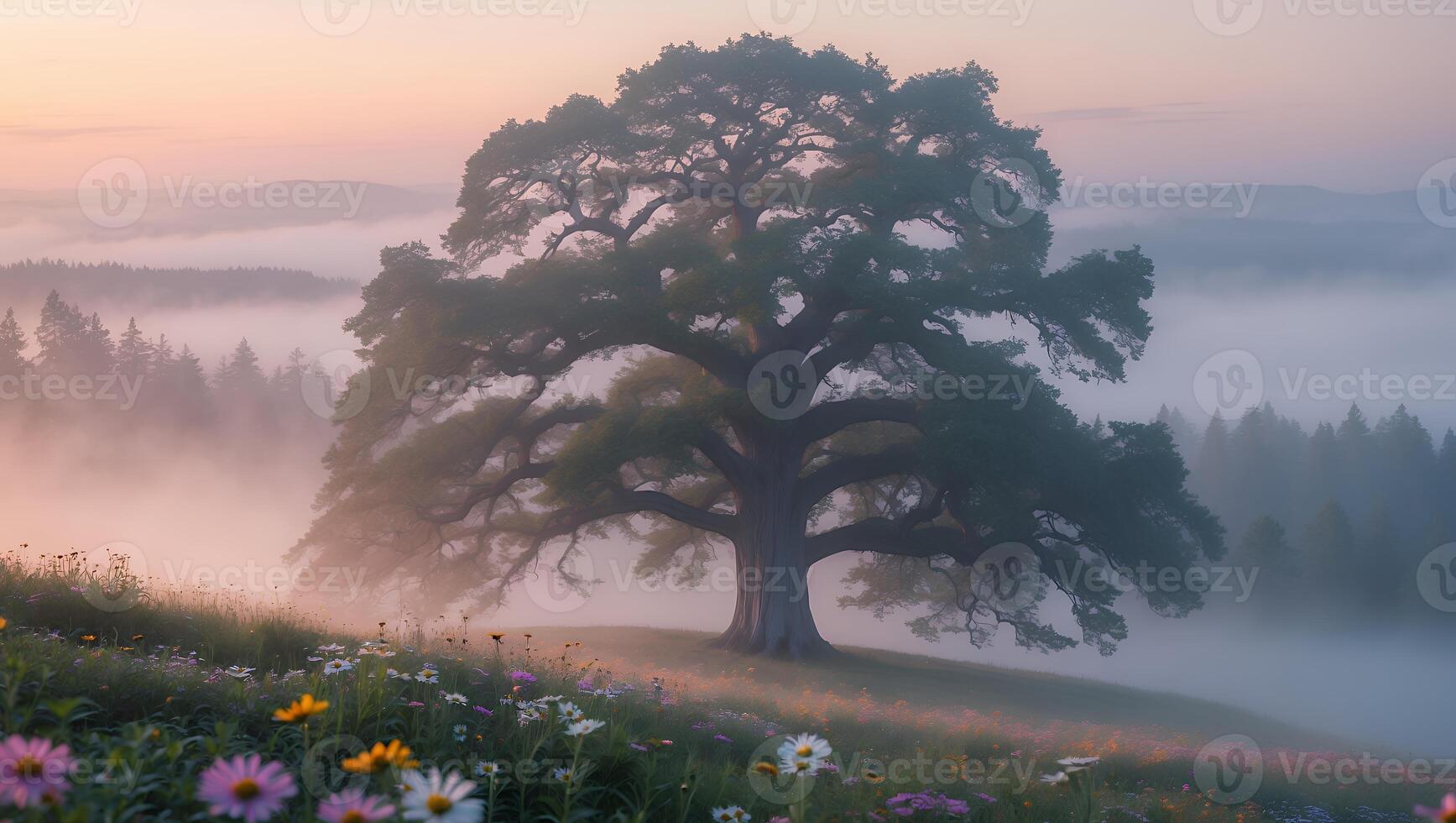 Tree in Foggy Field with Flowers Landscape photo