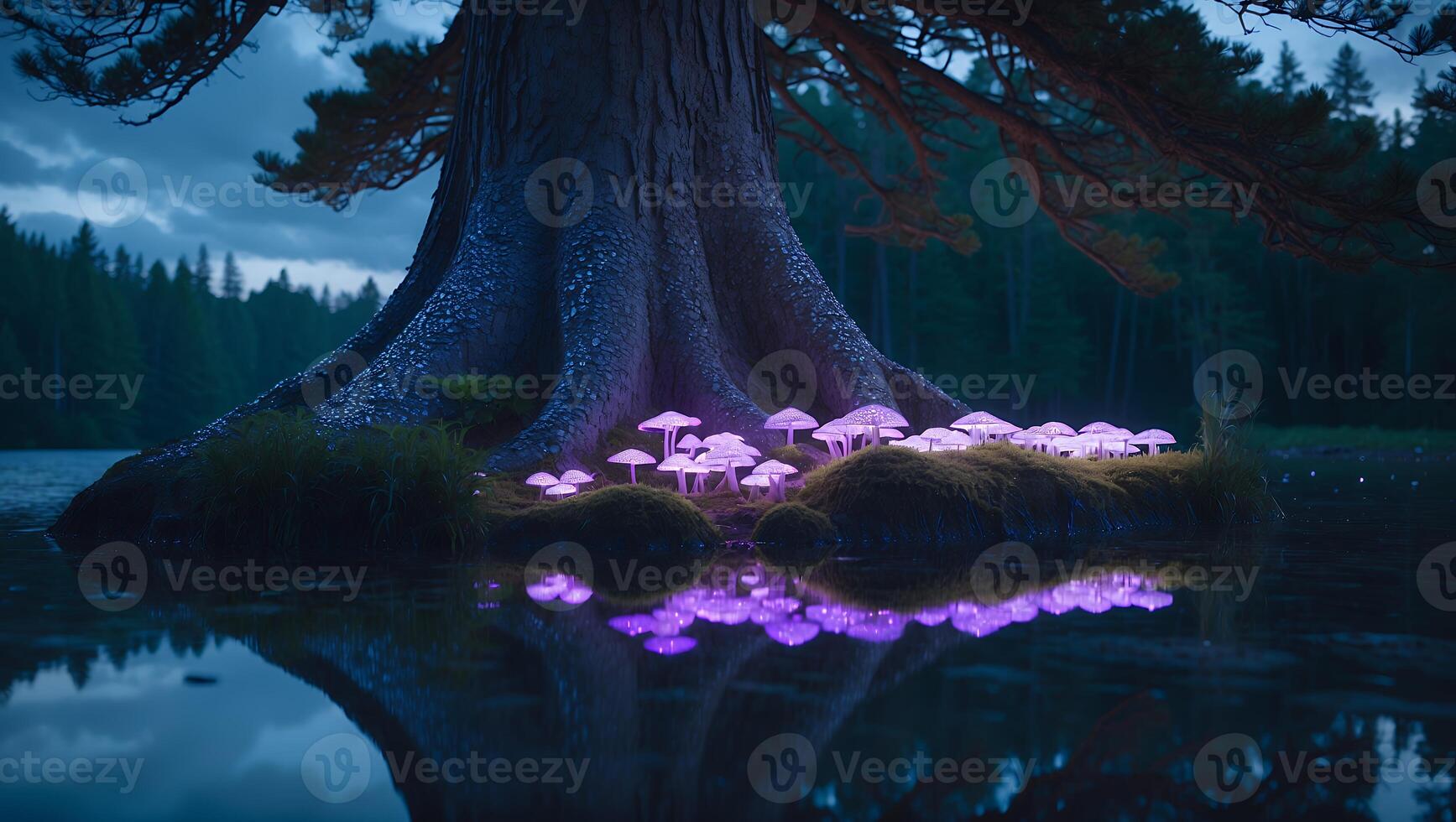 Glowing Mushrooms Under a Tree Near Water photo