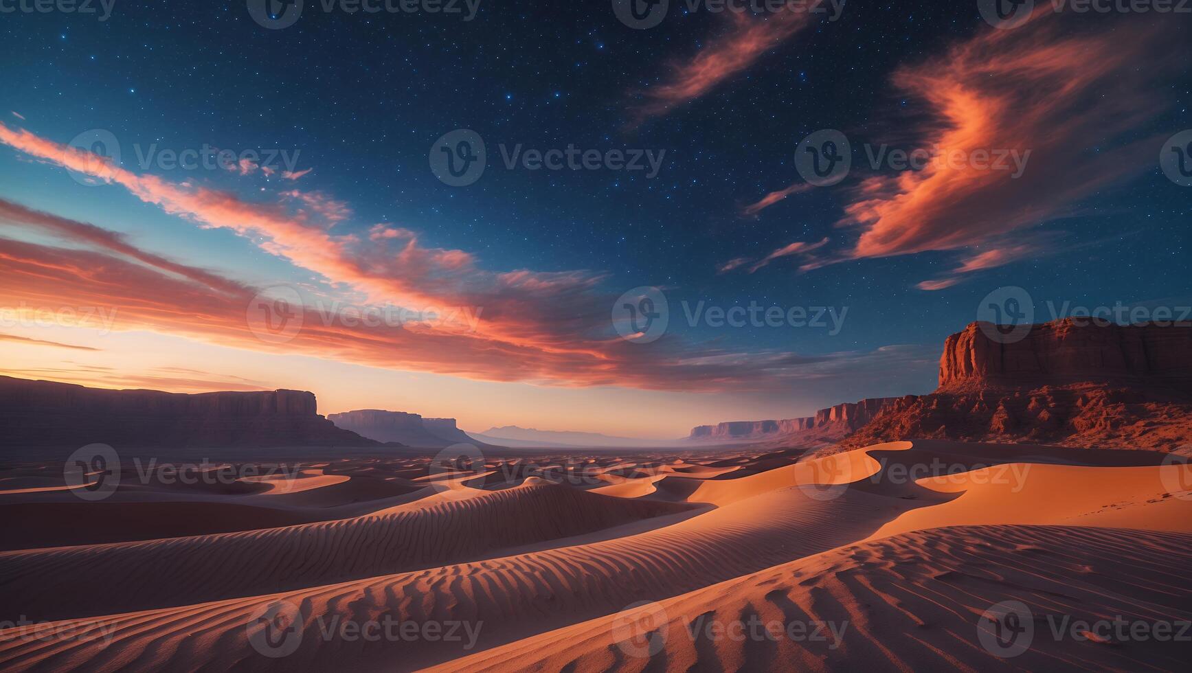 Desert Landscape at Night with Starry Sky and Orange Clouds photo