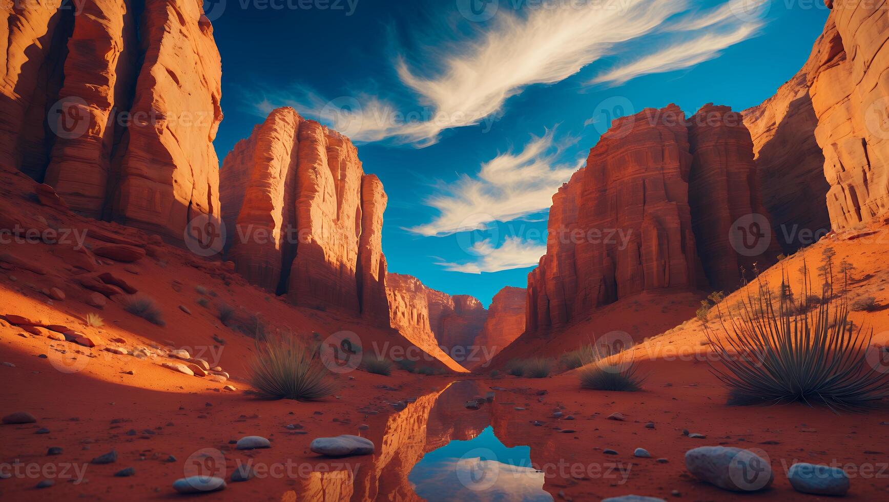 Desert Canyon Landscape with Water Reflection and Blue Sky photo