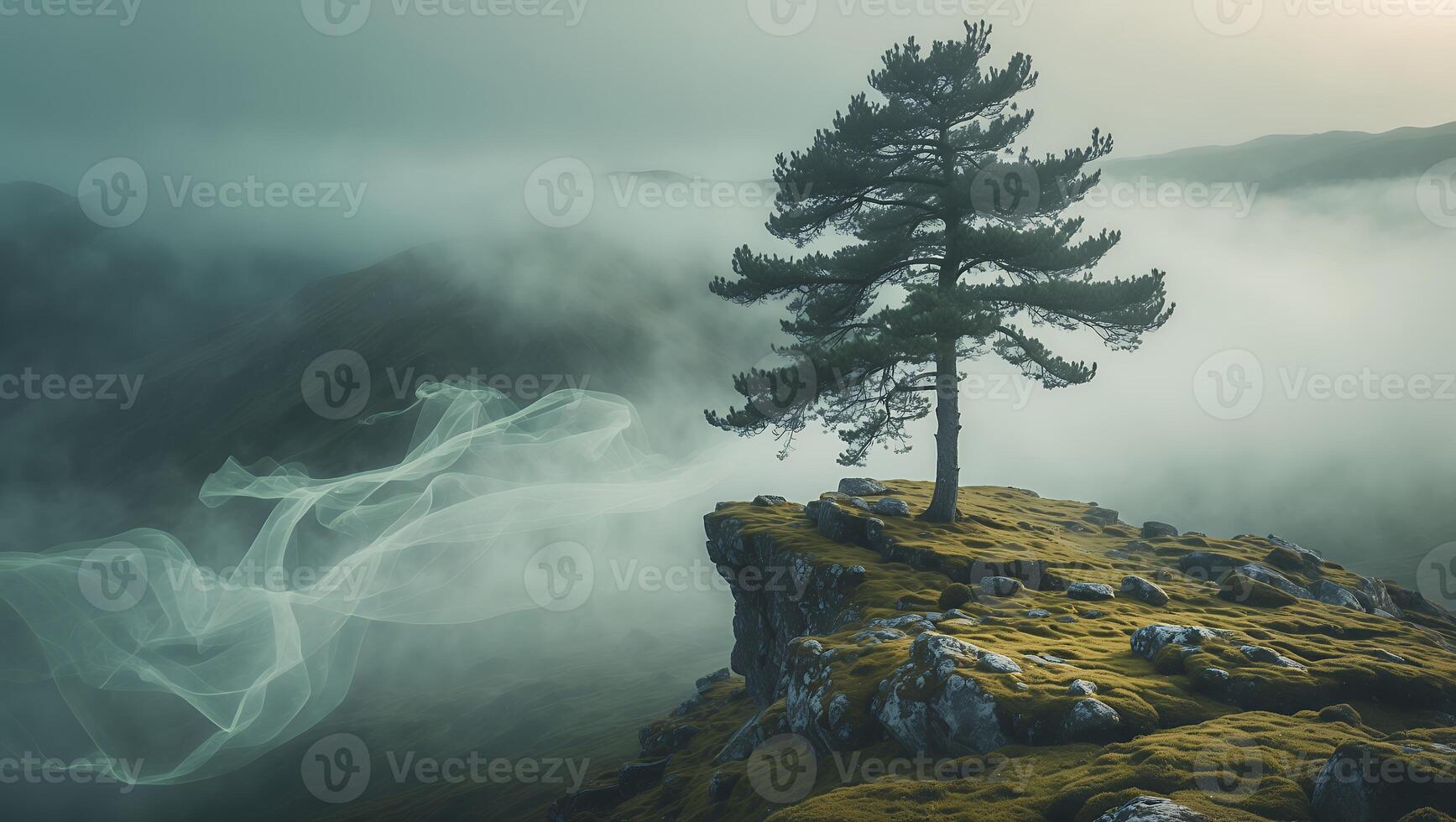 Lone Tree on Cliff Edge in Foggy Mountain Landscape photo