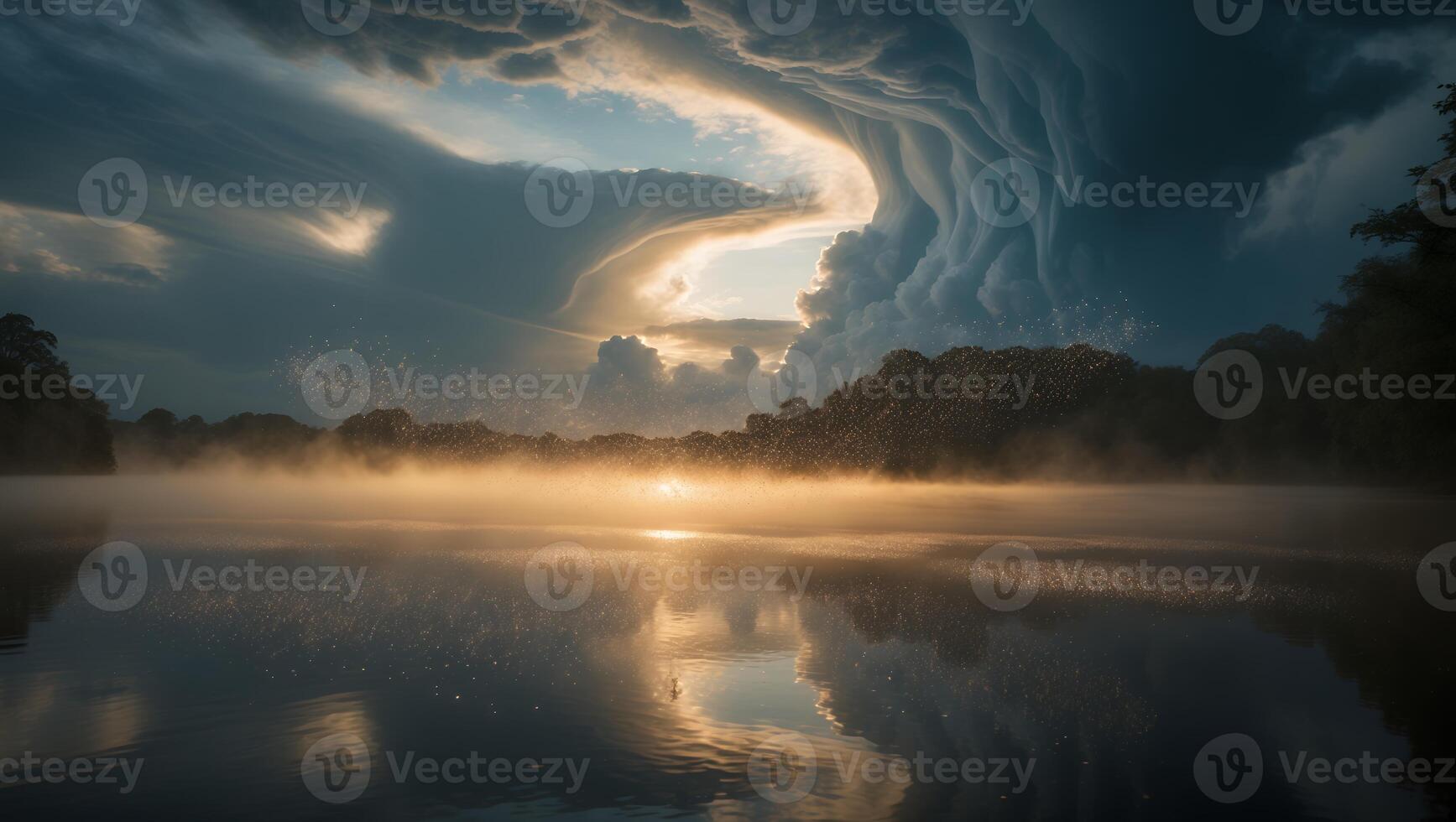 Lake Reflection with Dramatic Sky and Glowing Sunset photo