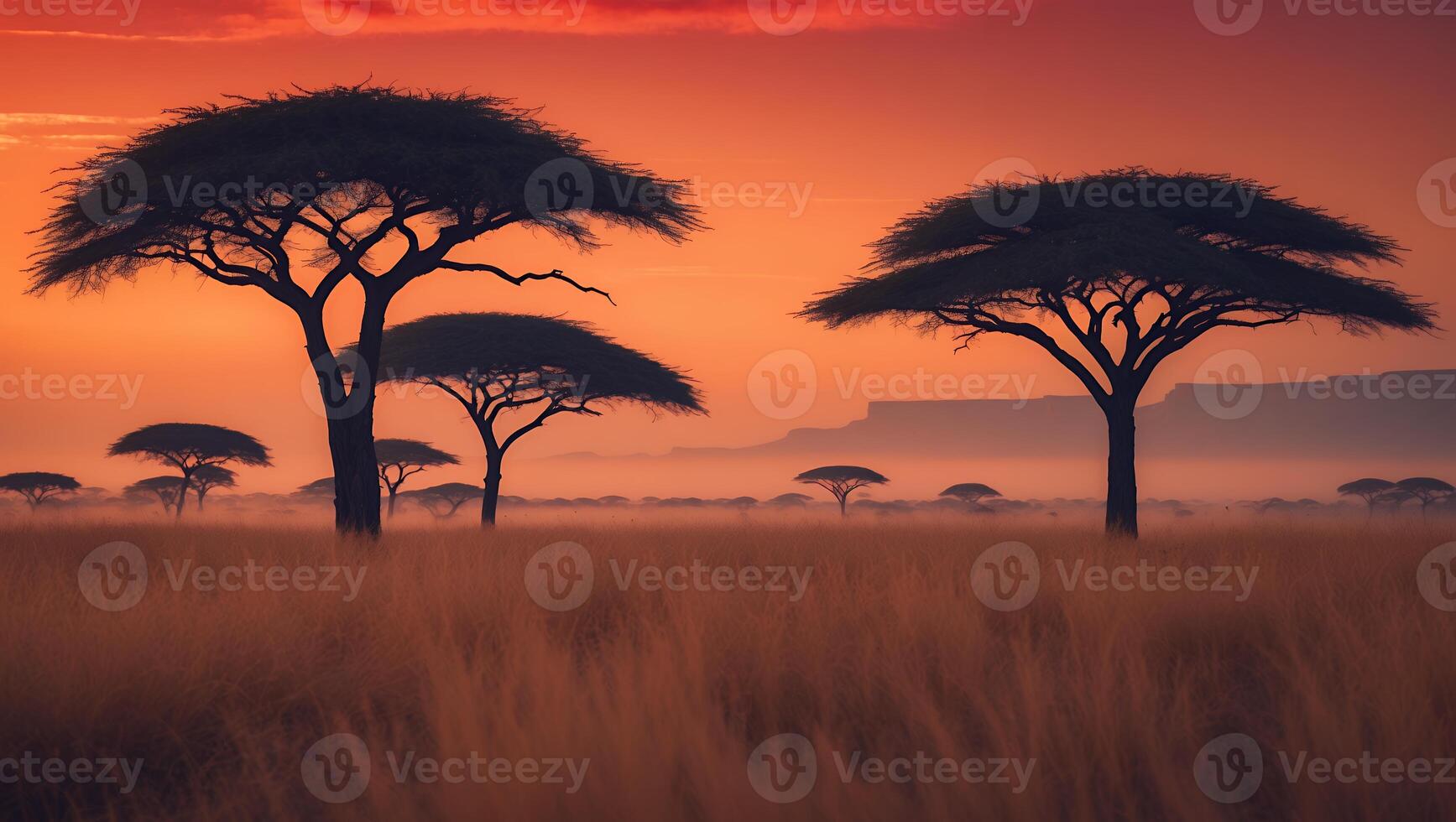 African Landscape with Acacia Trees at Sunset photo