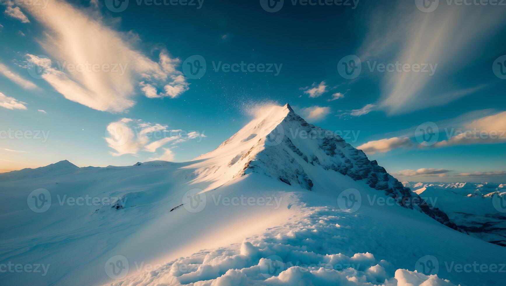 Snow Mountain Under Blue Sky and Clouds at Golden Hour photo