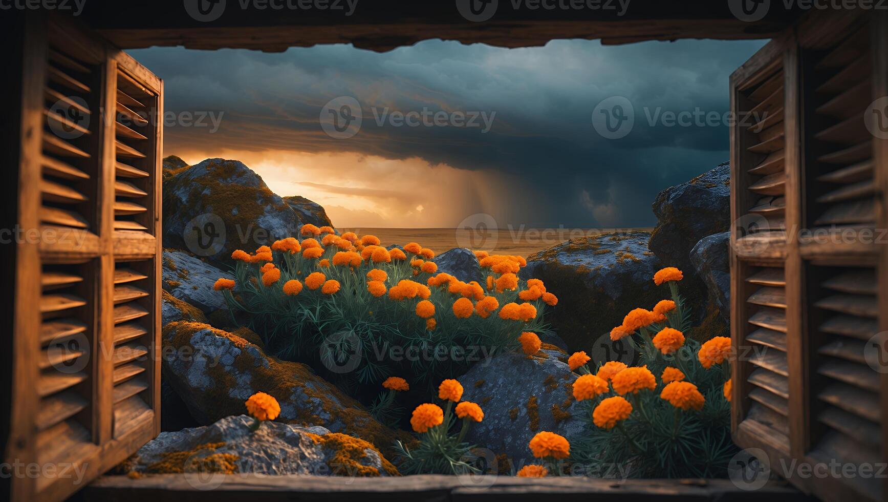 Orange Flower Storm View From Window photo