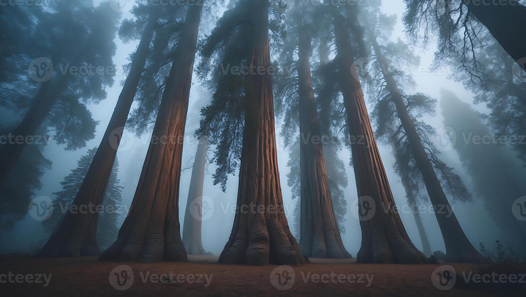 Giant Sequoia Trees in Misty Forest Landscape photo
