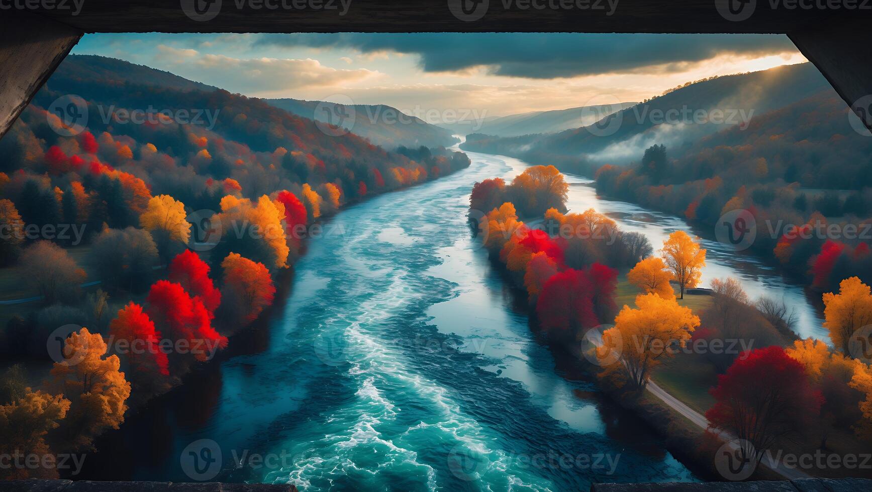 River Flows Through Autumn Forest Landscape Aerial View photo
