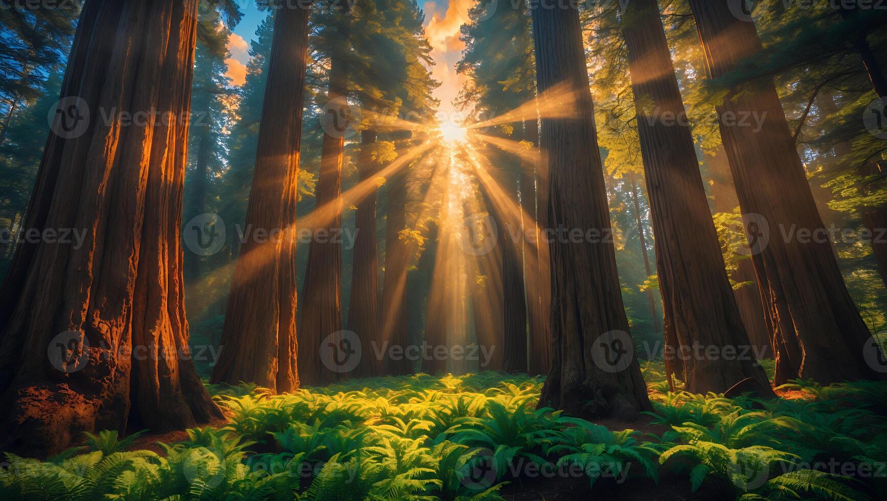 Sunlight Shining Through Redwood Forest with Green Ferns photo