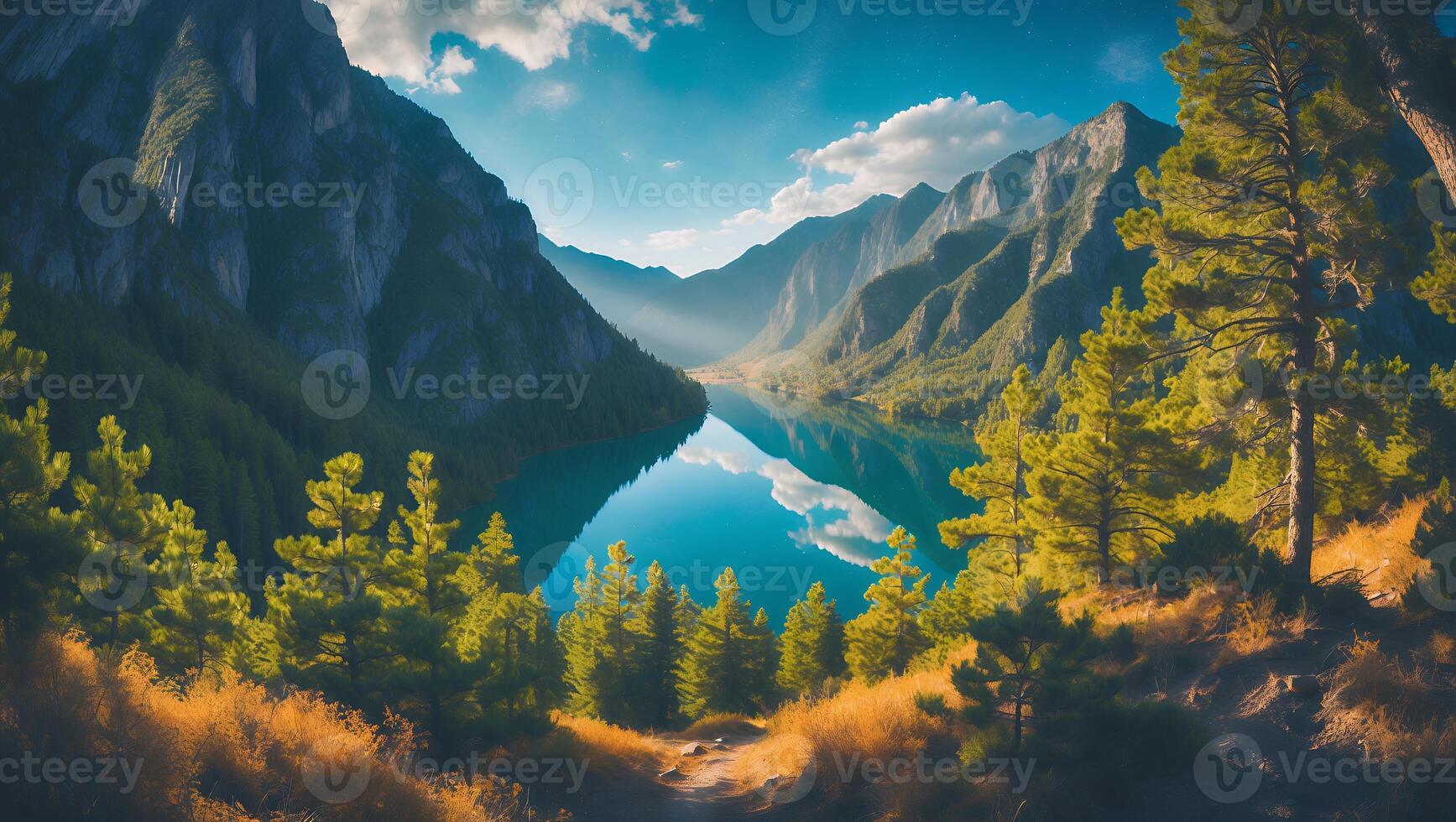 Mountain Lake Landscape Reflection with Blue Sky and Pine Trees photo