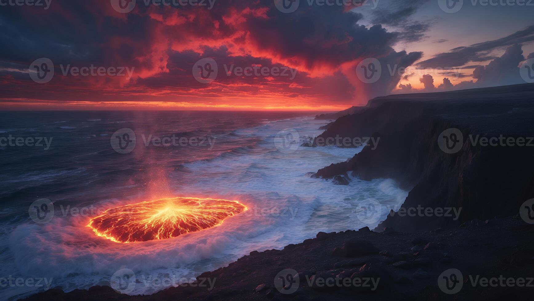 Ocean Volcano Eruption with Waves at Sunset photo