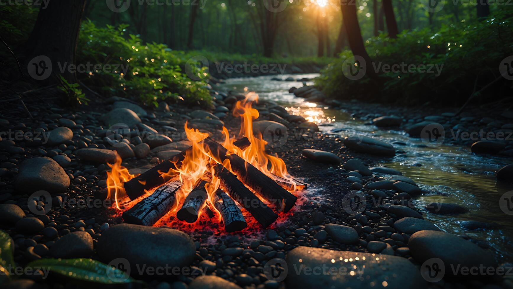 Campfire by River in Forest with Sun Shining Through Trees photo