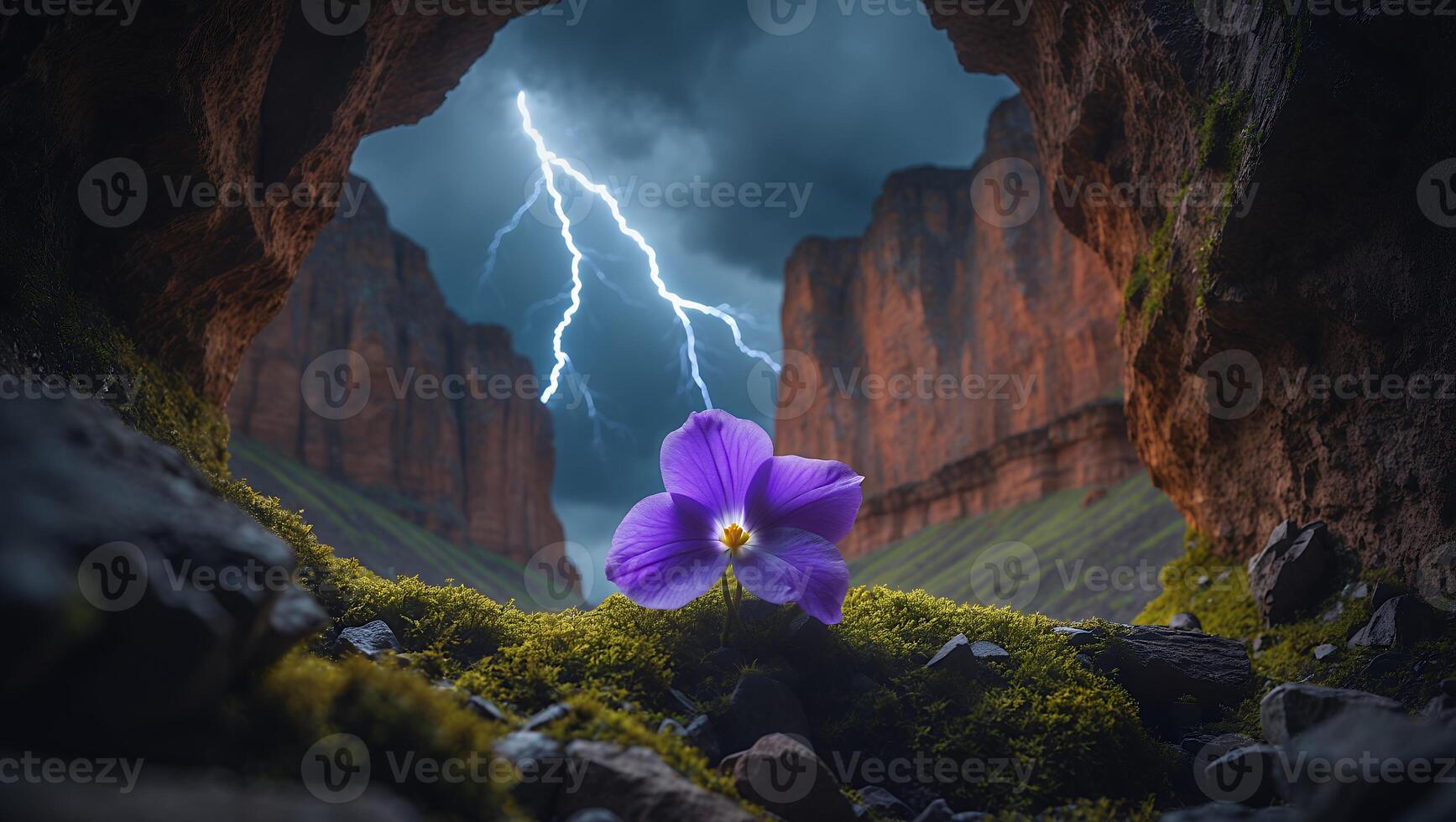 Purple Flower and Lightning in Mountain Landscape photo