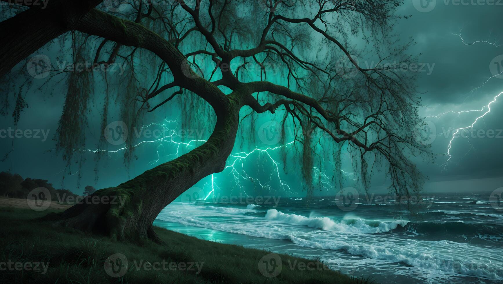Tree at Coast with Lightning Storm Landscape photo