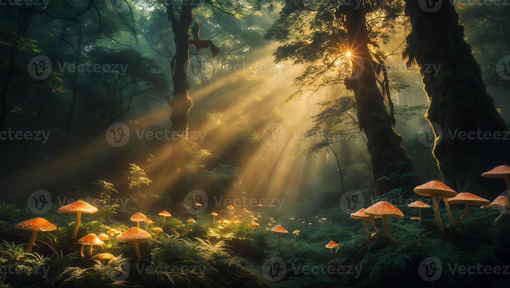 A forest with mushrooms and sunbeams photo
