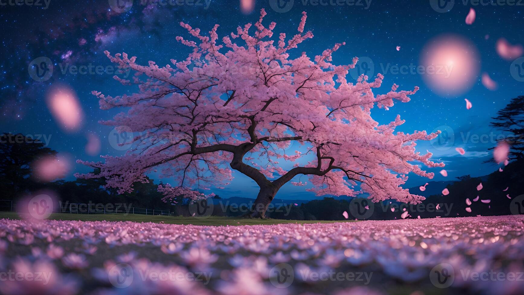 Cherry Blossom Tree at Night with Falling Petals and Starry Sky photo
