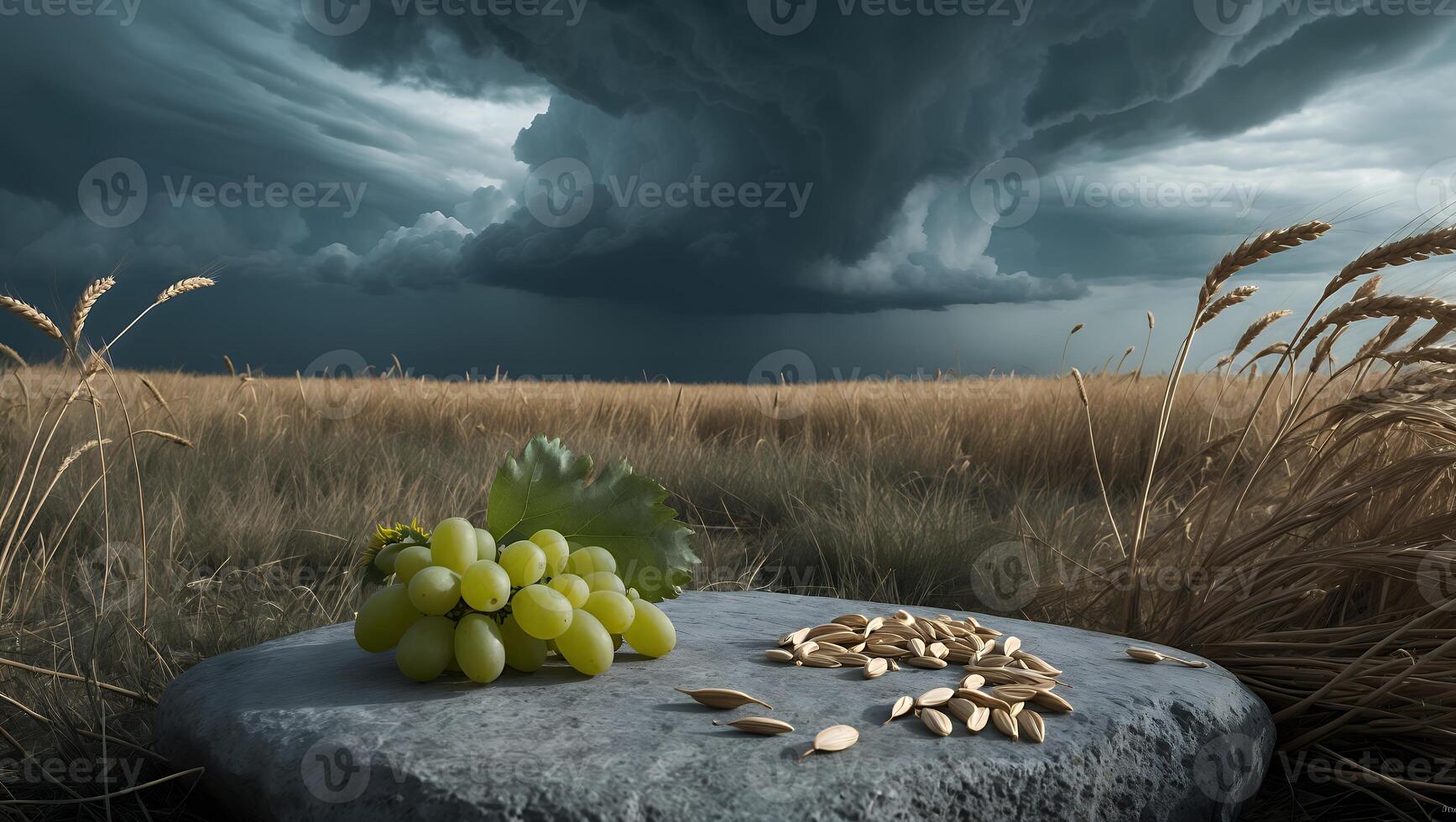 Grapes and Seeds on Stone Slab with Wheat Field and Storm Cloud photo