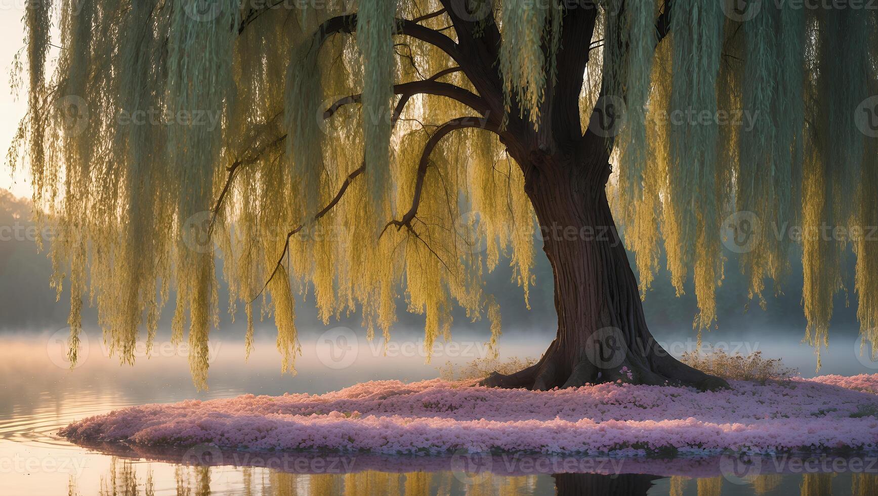 Willow Tree Over Water with Flowers photo