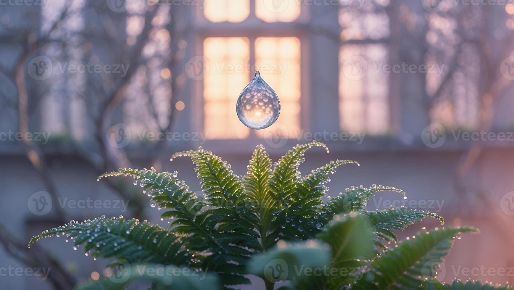 Fern with Water Droplet and Window Reflection photo