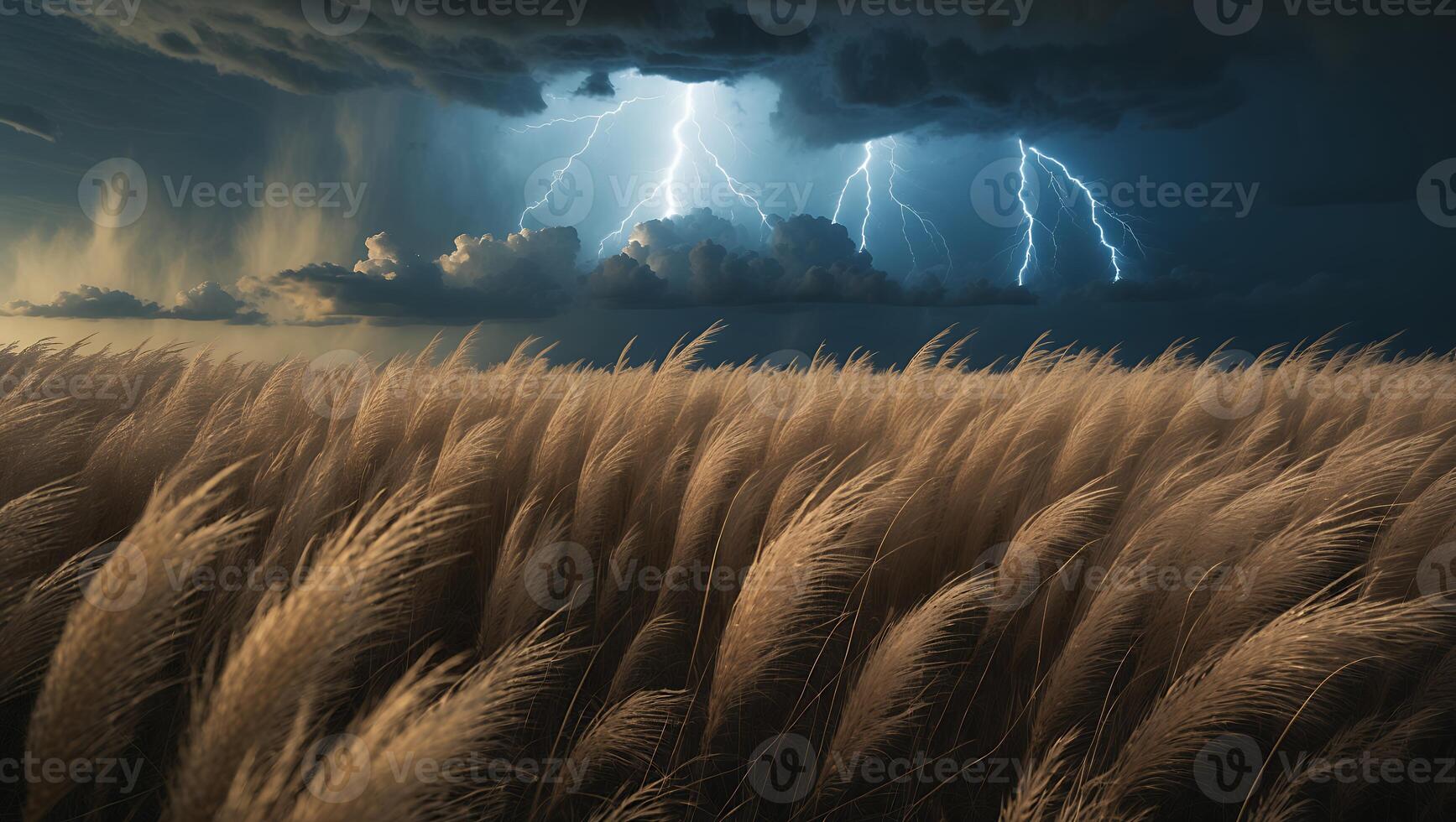 Field of Grass with Lightning Strike and Storm Clouds photo