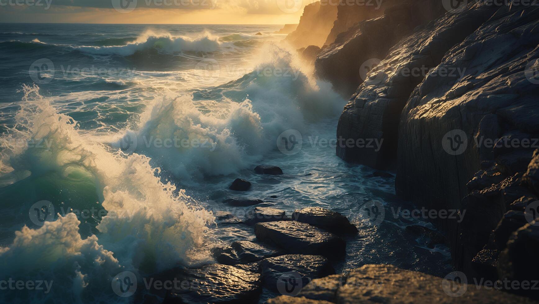 A large wave crashing against the rocks at sunset photo