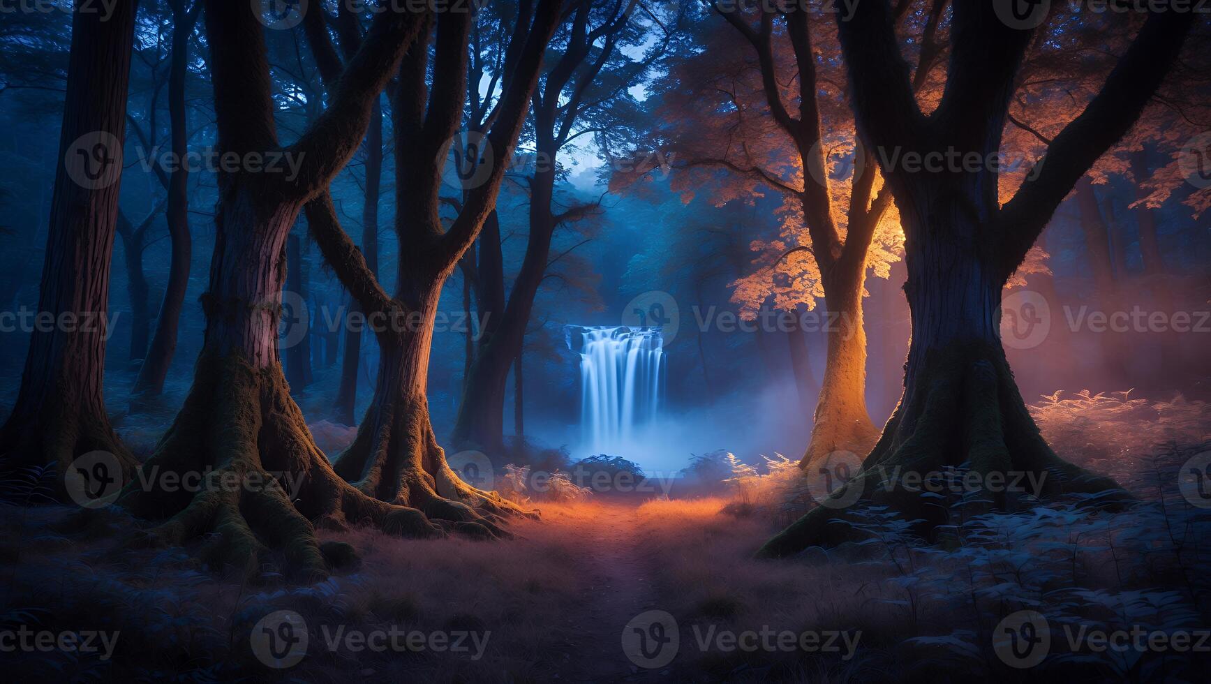 Waterfall in Mystical Forest with Light and Fog photo