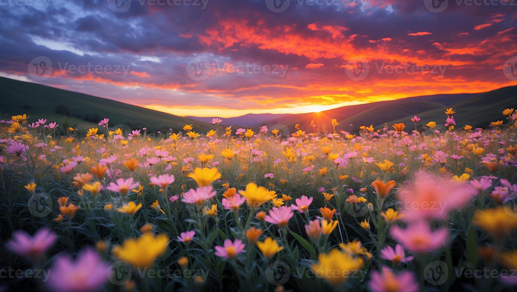 Flower Field Sunset Hill Landscape Orange Sky Cloud photo
