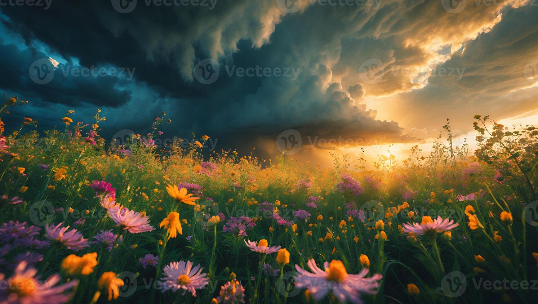 Flower Field with Cloudy Sky and Golden Sunset photo