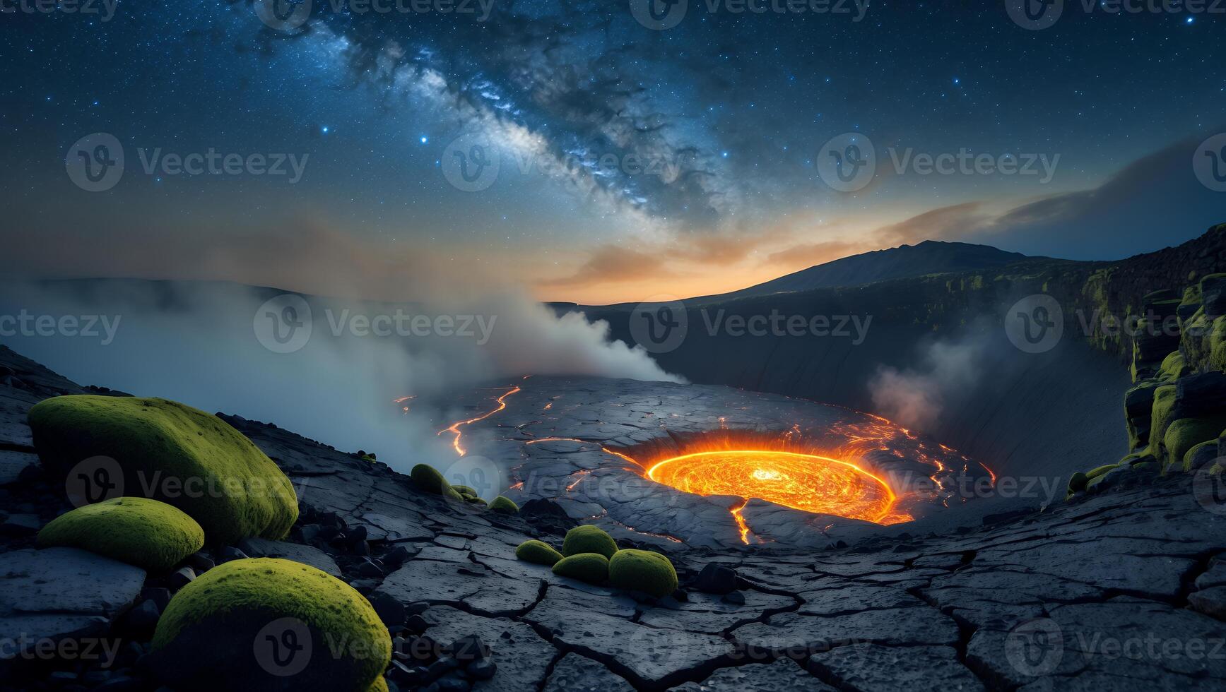 Volcano Crater with Lava and Milky Way at Night photo