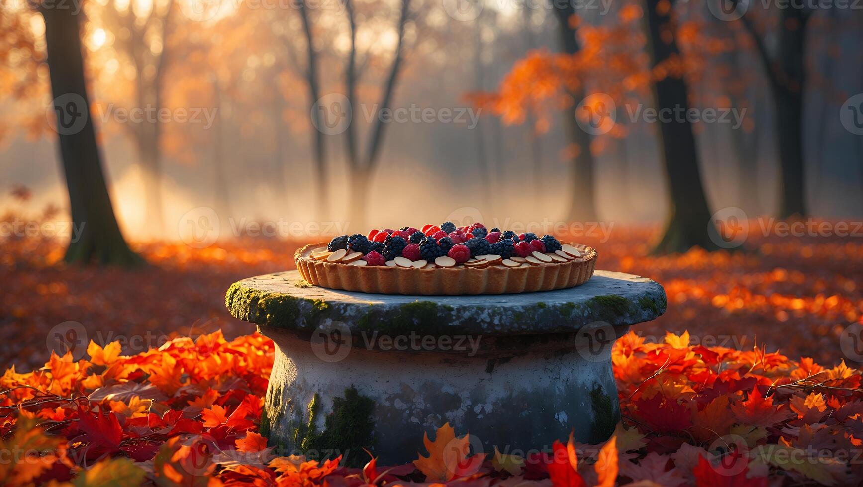 Berry Tart with Almond in Autumn Park Landscape photo