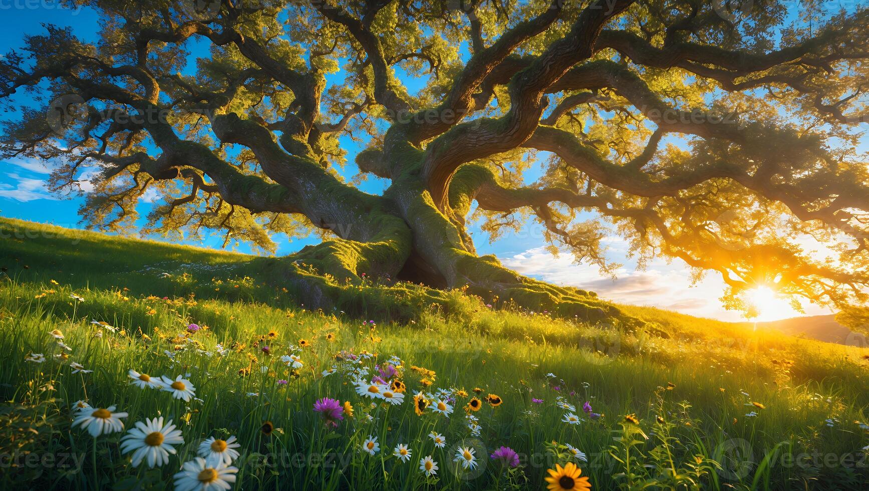 Large Tree in Field with Flowers Under Blue Sky and Sunlight photo