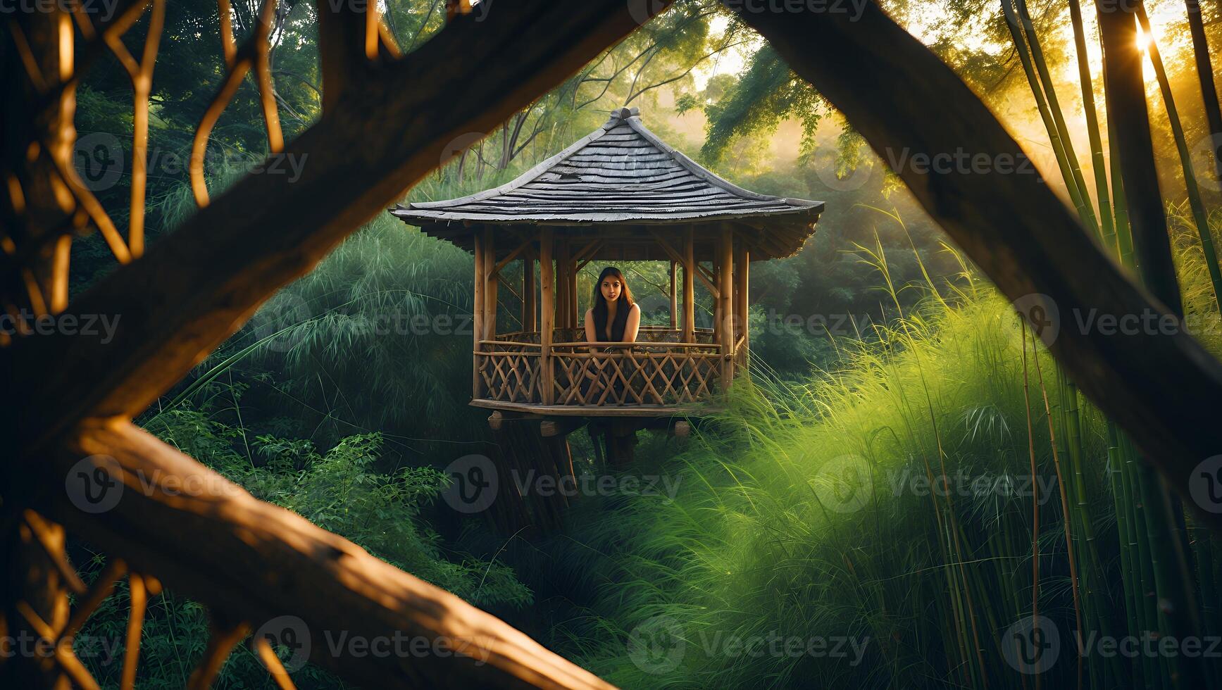 Woman in Wooden Pagoda Structure in Peaceful Forest photo