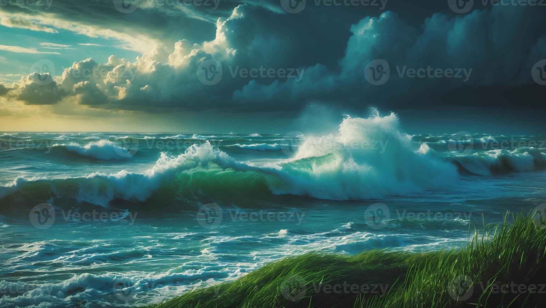 Stormy Ocean Waves Under Cloudy Sky with Green Grass Foreground photo