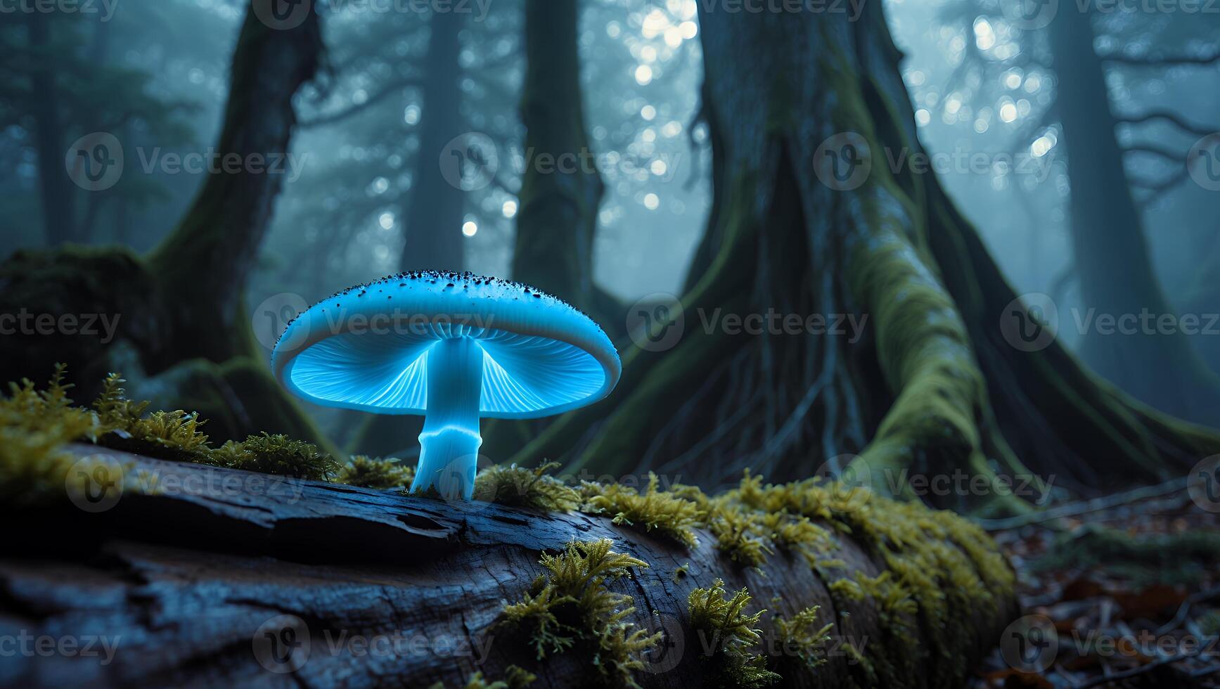 Glowing Mushroom on Mossy Log in Forest photo