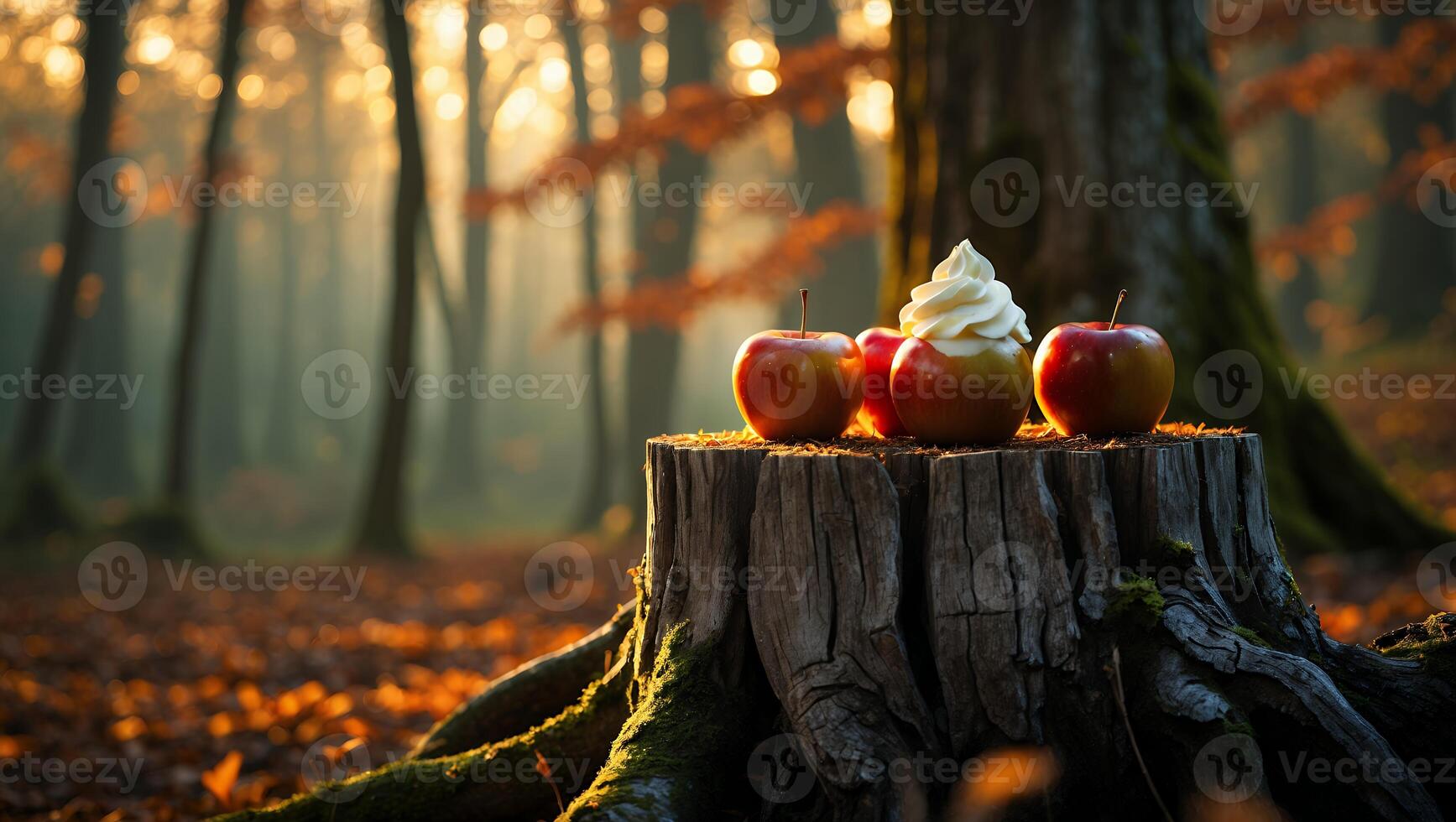 Apples with Cream on a Tree Stump in Autumn Forest photo