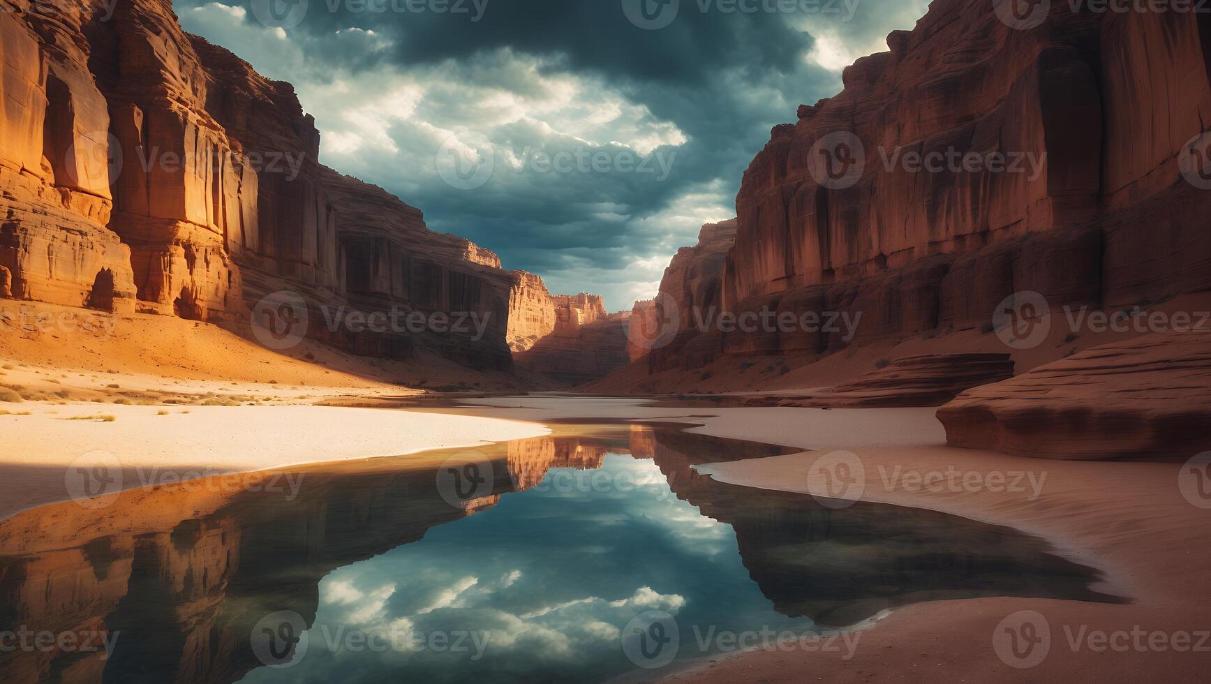 Canyon Landscape with Reflection Under Cloudy Sky photo