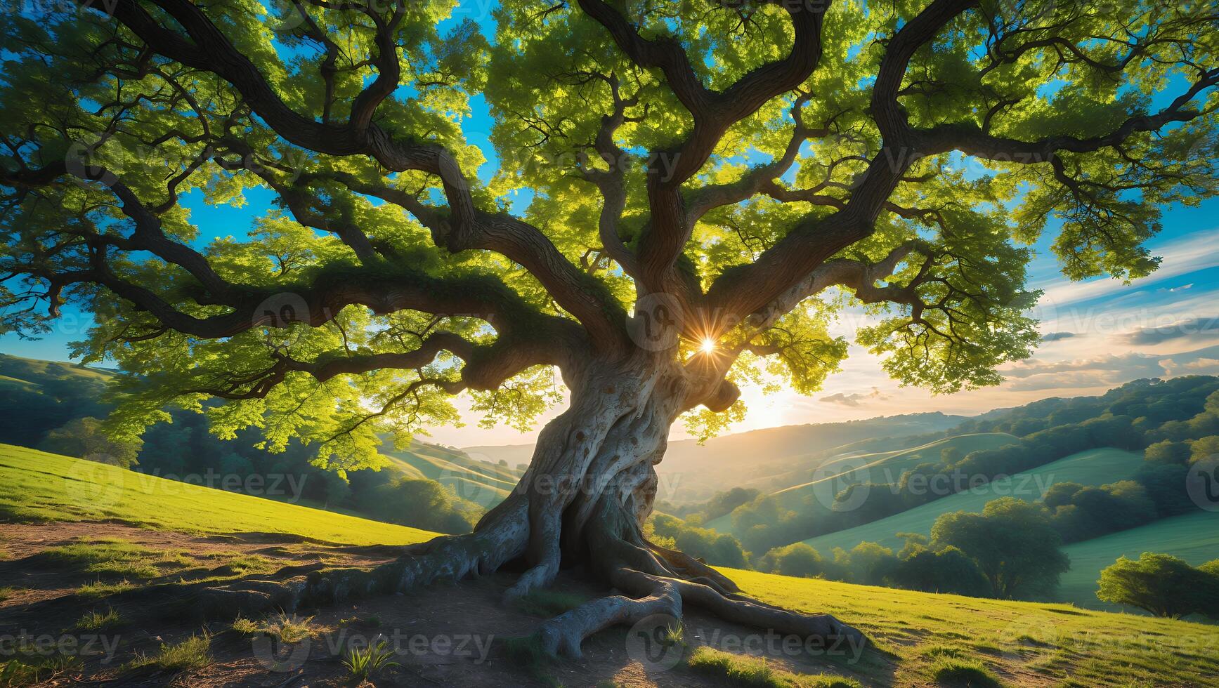 Majestic Tree at Sunset Over Rolling Hills photo