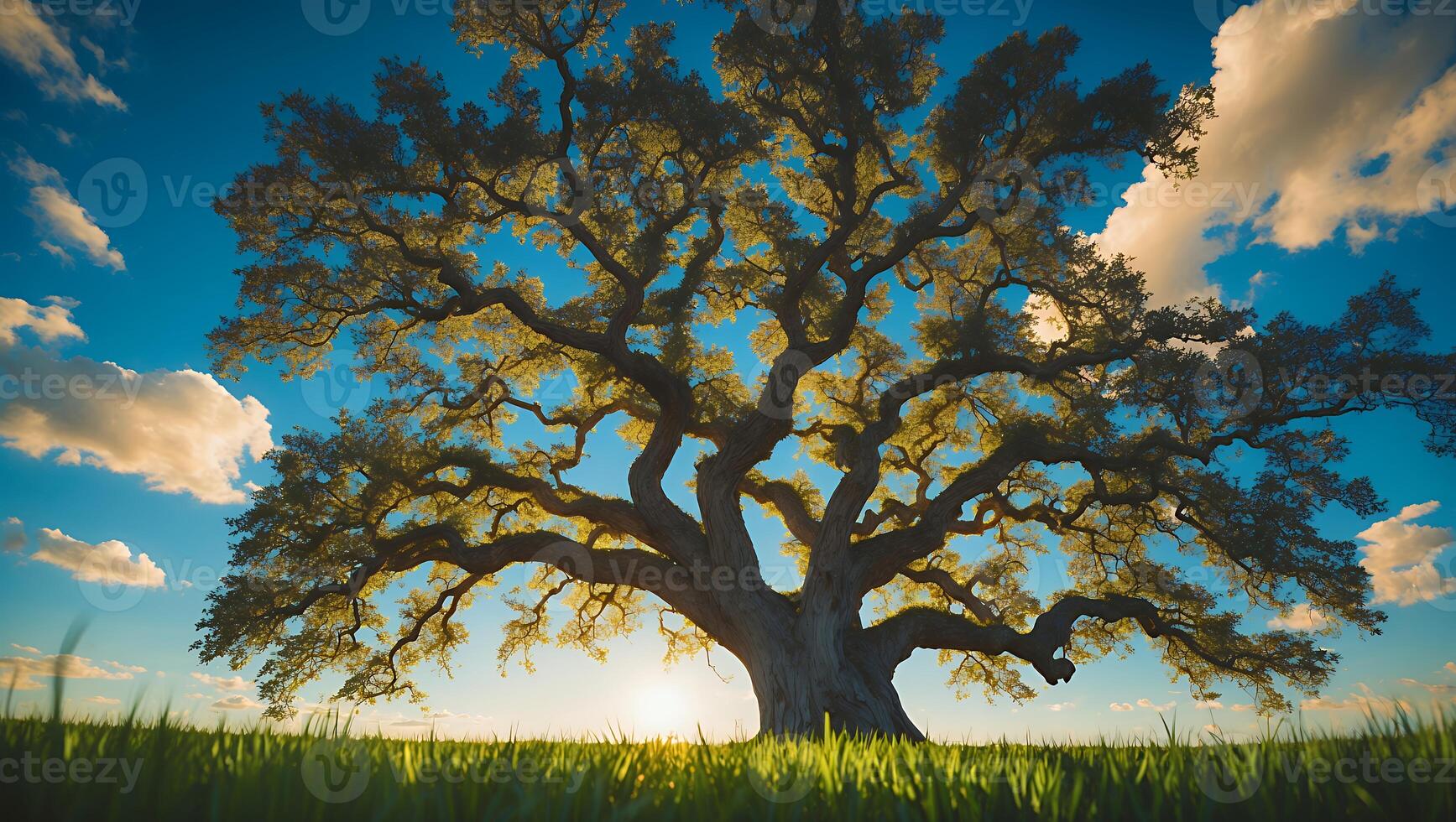 Majestic Tree Under a Blue Sky with Grass photo