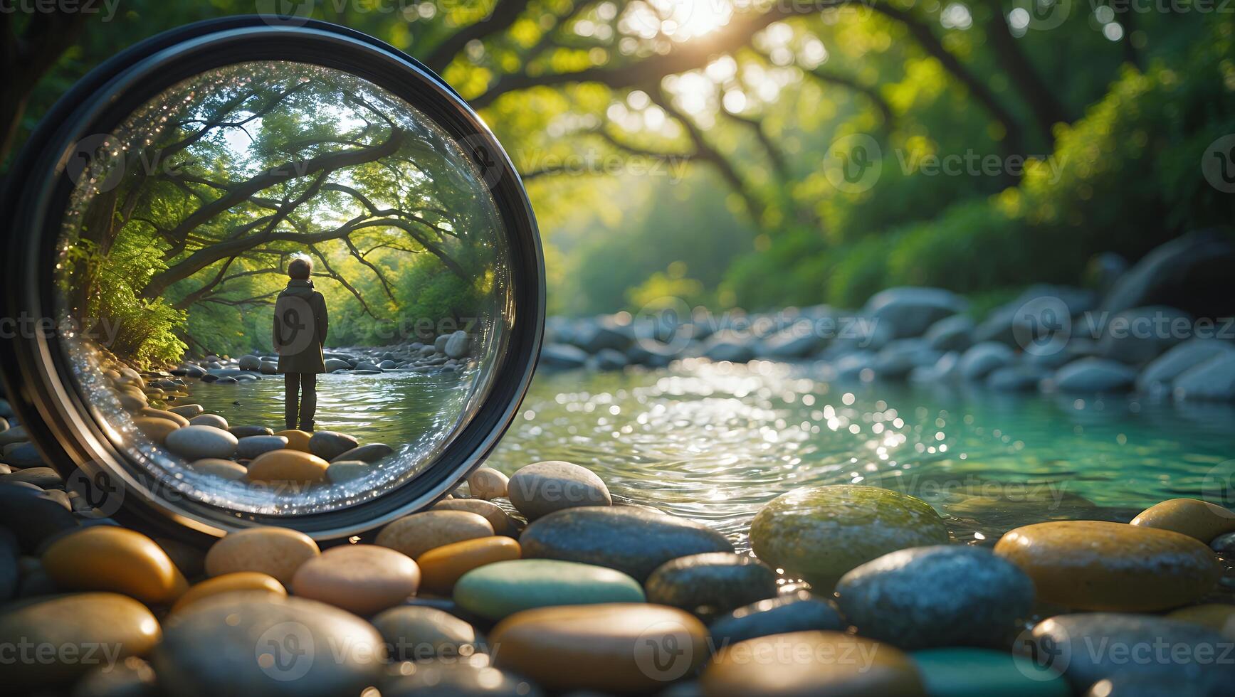 Person on River Bank Viewed Through Lens photo