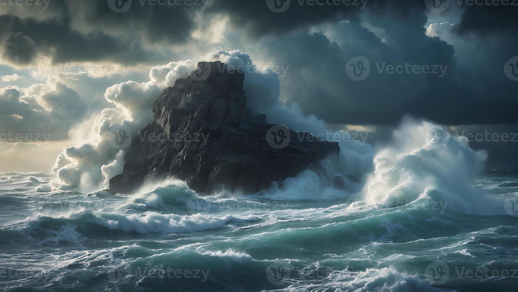 Ocean Wave Crashing on Rock Formation photo