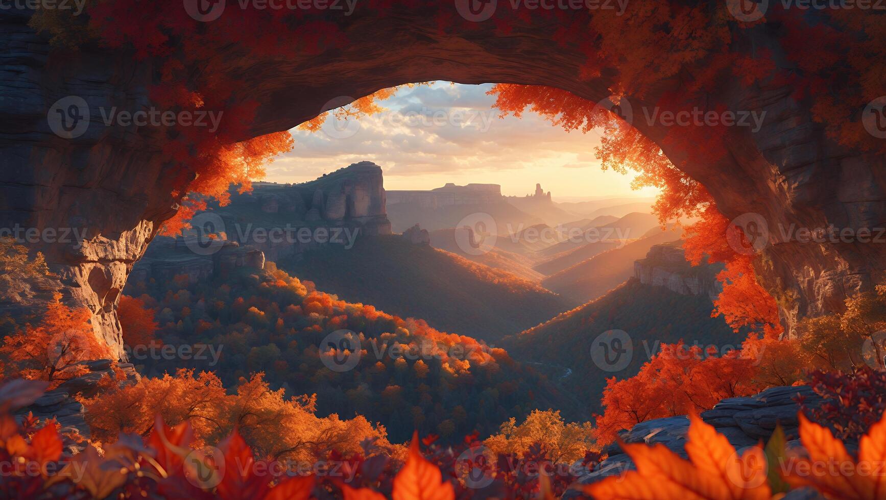 Canyon View Through Rock Arch with Autumn Trees photo
