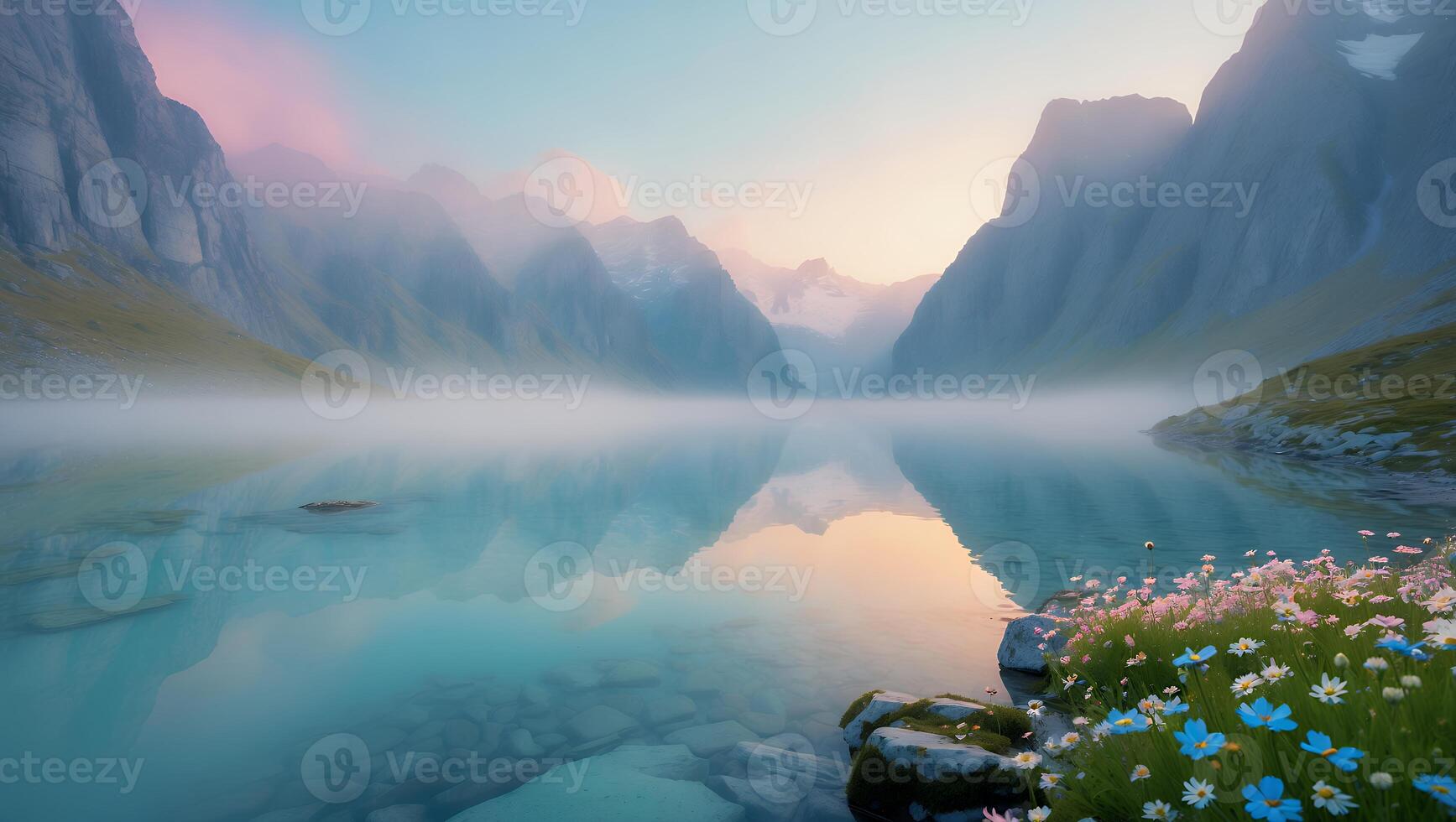 Mountain Lake Reflects Sky Flowers Grow Beside Shoreline photo