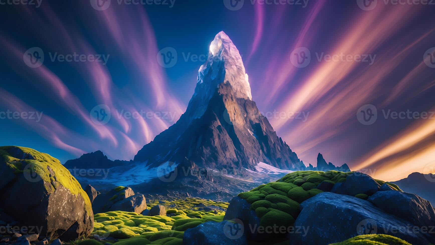 Mountain Peak Scenery with Rocks and Sky in Fantasy Style photo