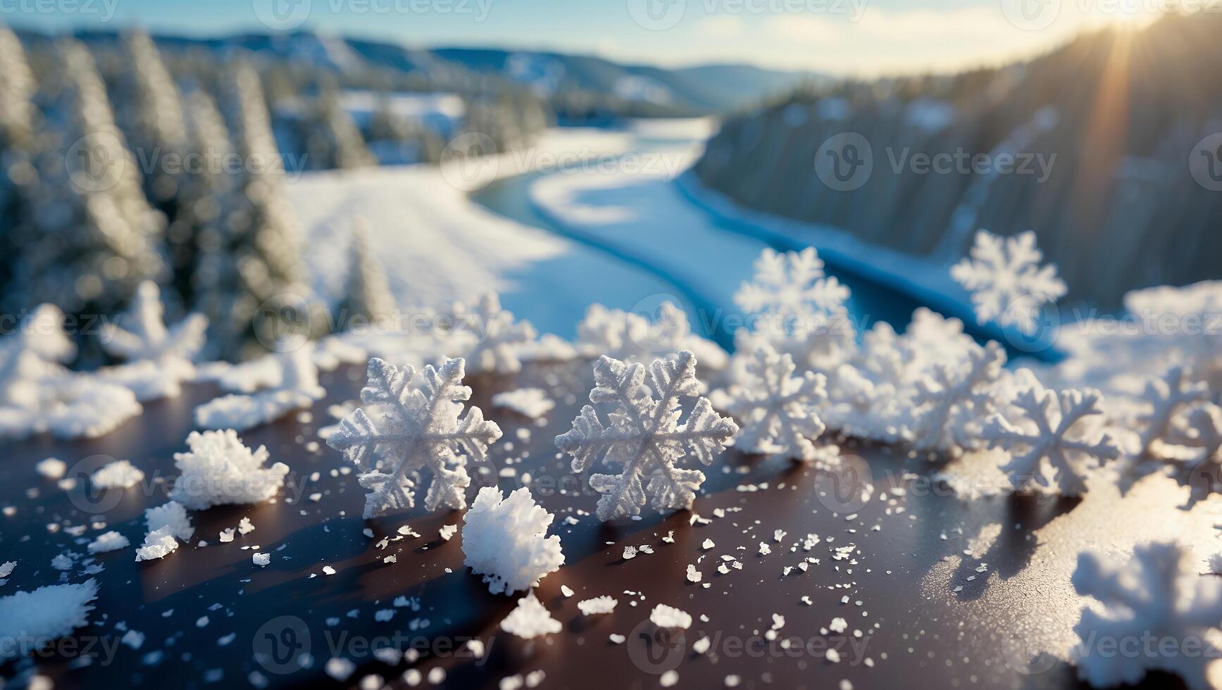Snowflake on Surface with Frozen River in Background photo