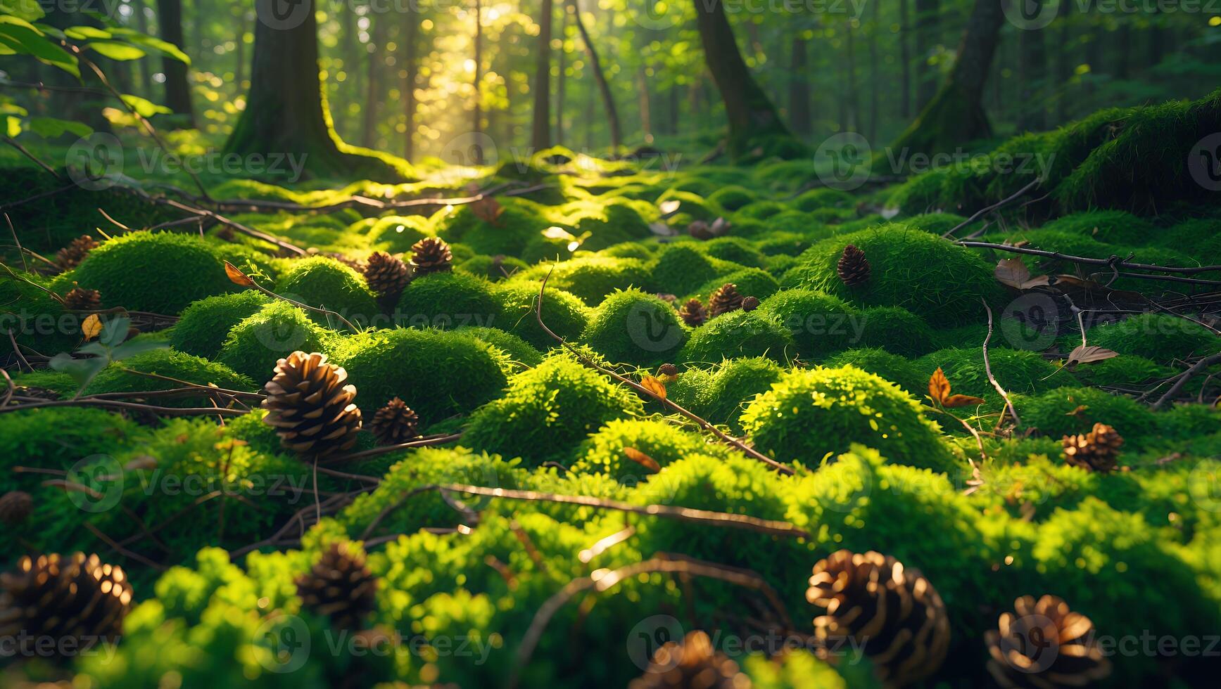 Forest Floor with Moss and Pine Cone in Sunlight photo