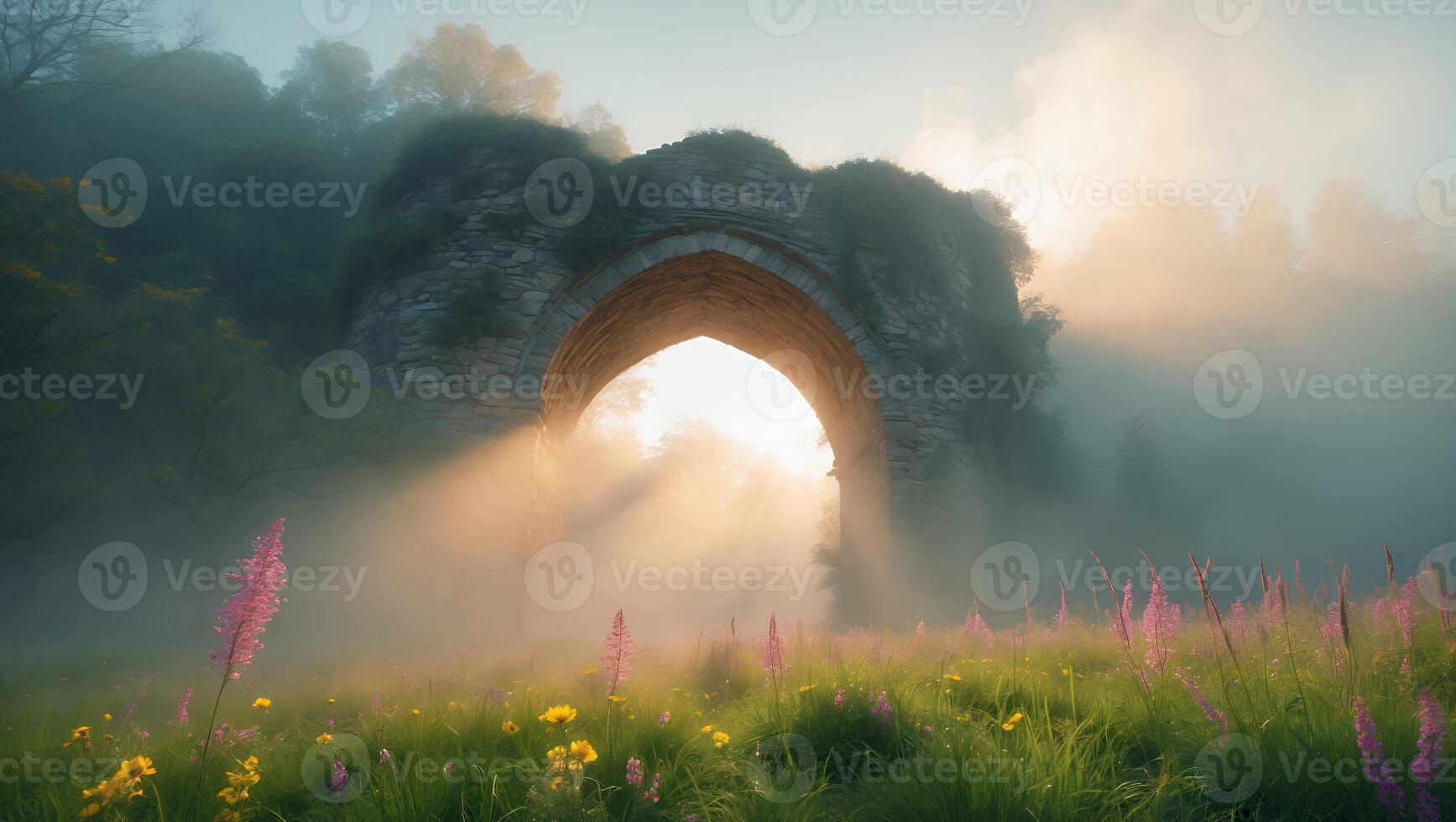 Stone Arch in Foggy Field with Flower photo