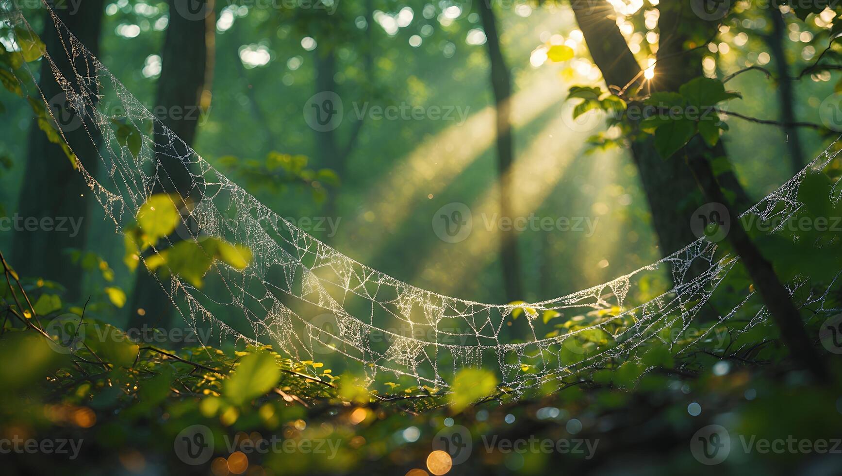 Spiderweb with Dew in Forest During Sunrise photo