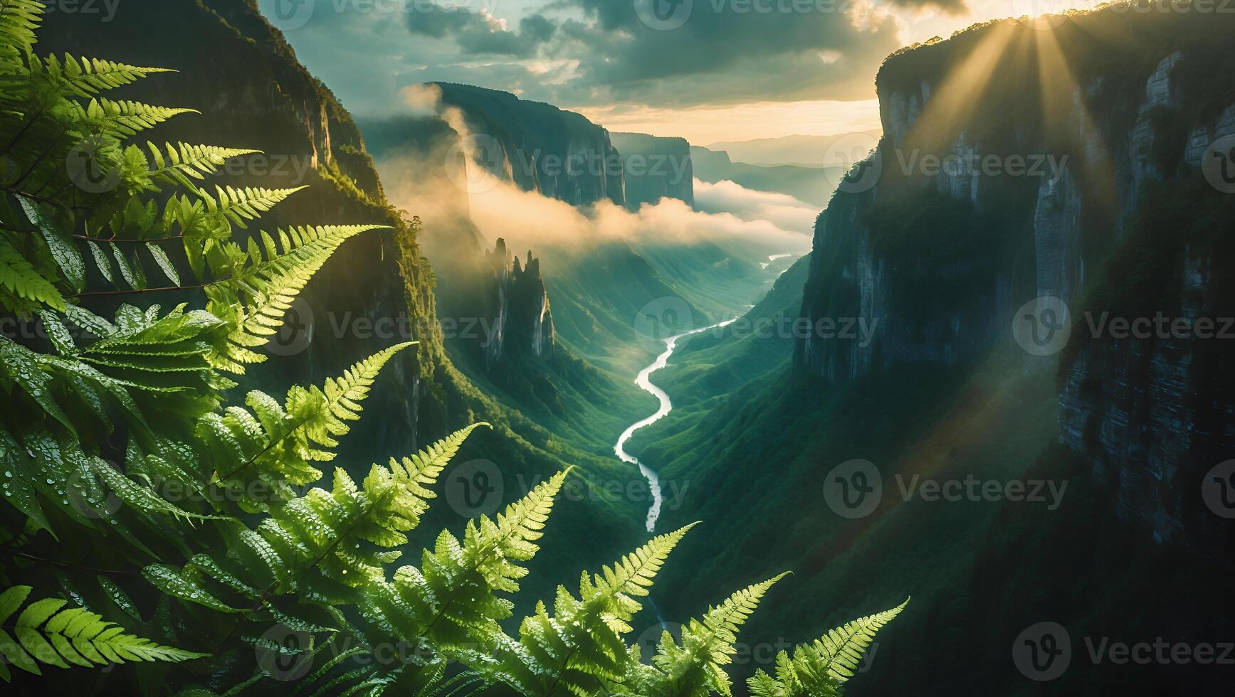 Beautiful Canyon with River, Ferns and Sunlight photo