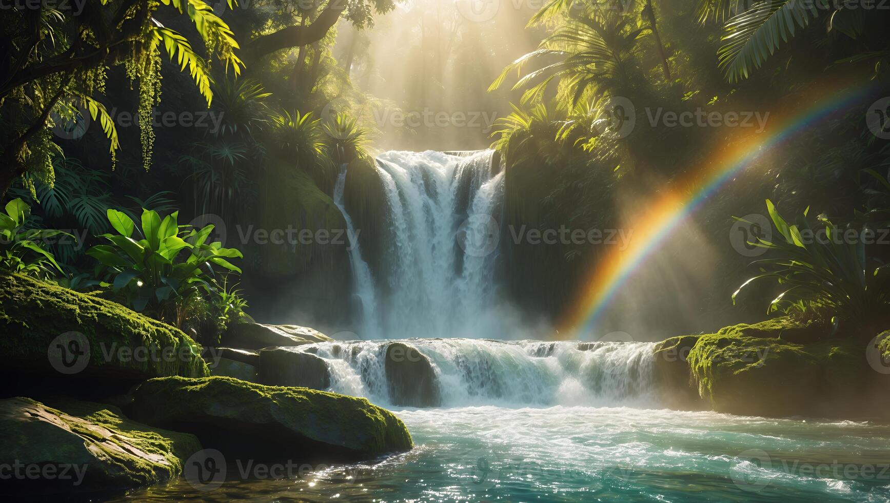Waterfall in Jungle with Rainbow and Green Moss photo